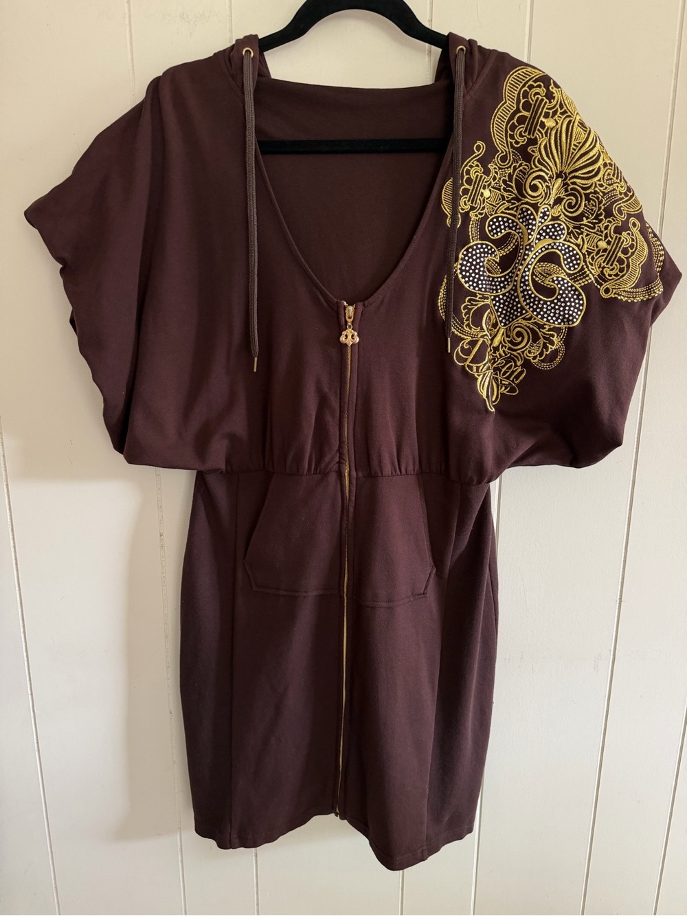 Dereon by Beyonce Chocolate Brown Zip Hoodie Dress Large Bling Urban Glam Street
